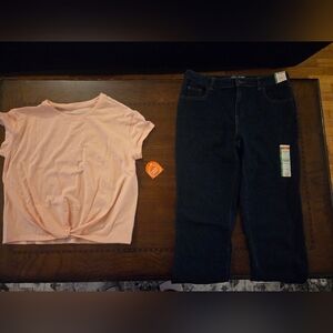 NWT girl 16 straight leg dark denim jeans and short sleeve pink tee